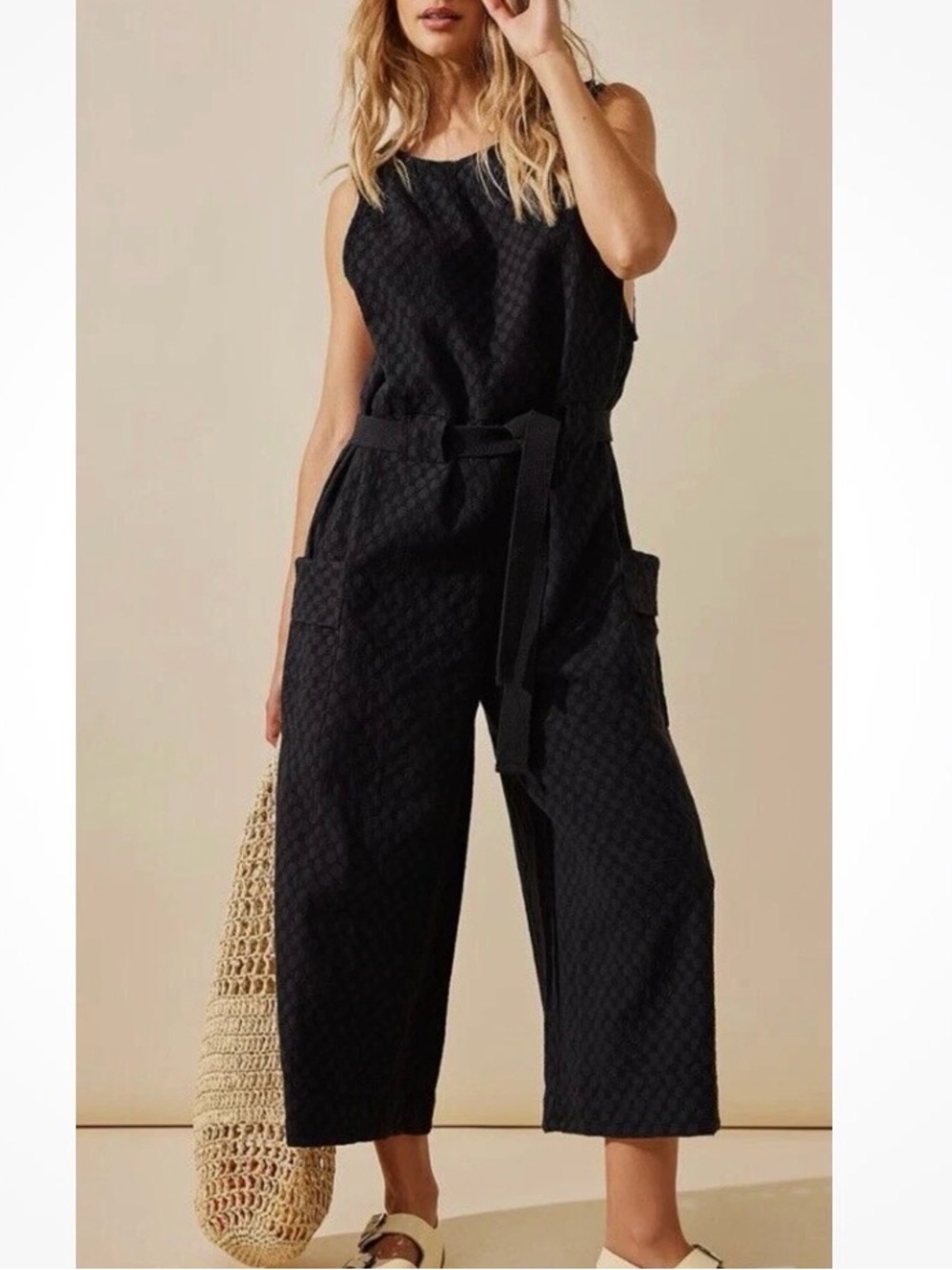 Free People Small Black Textured She’s A Catch Wide Leg Ankle Jumpsuit